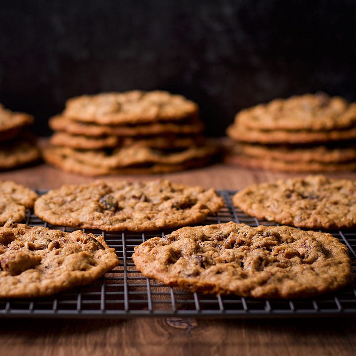 Matcha Shortbread cookies, Oatmeal raisin cookies, cream cheese chocolate chip cookies, and no bake chocolate peanut butter cookies.