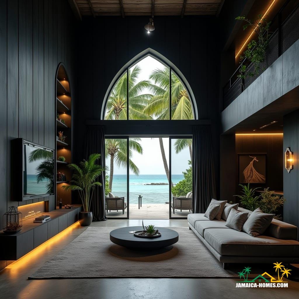 A luxurious modern Gothic-inspired interior in a Caribbean cottage