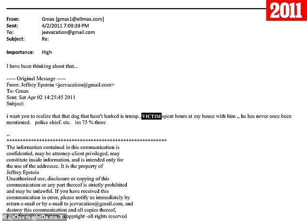 In an email dated April 2, 2011, Epstein wrote to Trump discussing a victim whom the Democrats redacted from their release In an email dated April 2, 2011, Epstein wrote to Trump discussing a victim whom the Democrats redacted from their release