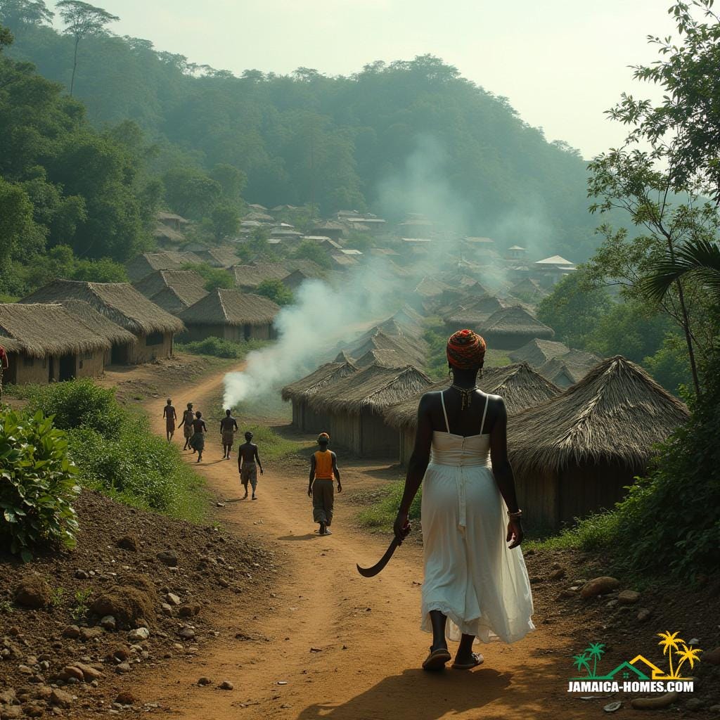 Recreate a vivid scene from Nanny Town in the 1700s, capturing its location high on Nanny Town Hill