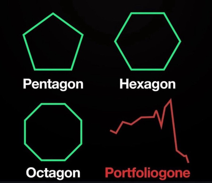 A pentagon, hexagon, and octagon outlined in green. A red line graph labeled "Portfoliogone".