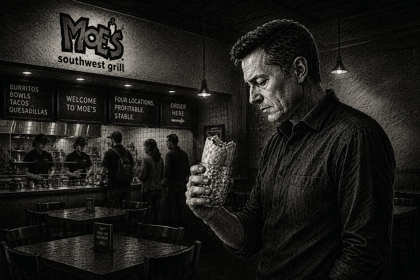A black-and-white engraved illustration shows a successful entrepreneur standing inside a Moe’s Southwest Grill, quietly studying the burrito in his hand while customers and employees continue their routines in the background. The image symbolizes the moment of realizing that external success can still reflect someone else’s definition of fulfillment, inviting reflection on purpose, authenticity, and the courage to leave a comfortable life for more meaningful work. A black-and-white engraved illustration shows a successful entrepreneur standing inside a Moe’s Southwest Grill, quietly studying the burrito in his hand while customers and employees continue their routines in the background. The image symbolizes the moment of realizing that external success can still reflect someone else’s definition of fulfillment, inviting reflection on purpose, authenticity, and the courage to leave a comfortable life for more meaningful work.