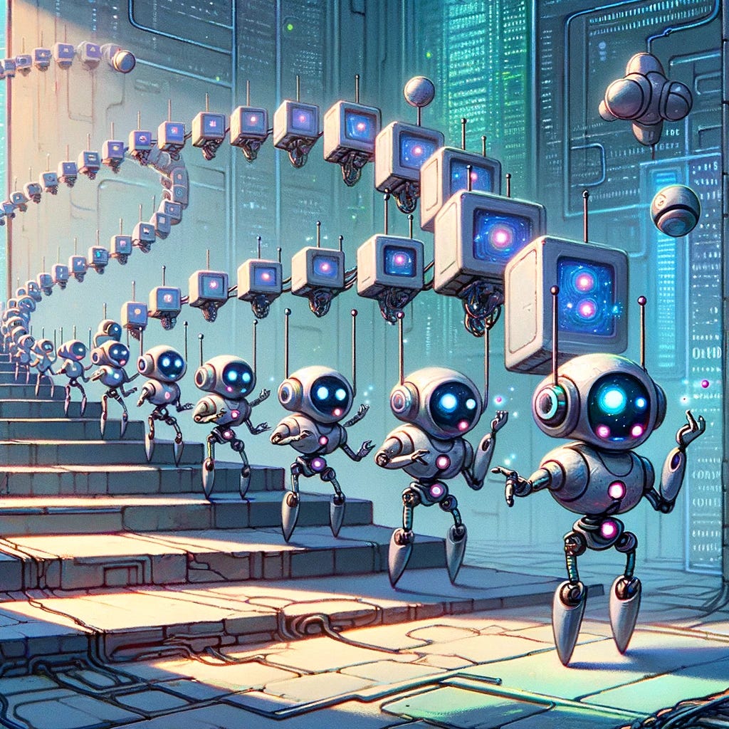 A whimsical illustration of a self-referential GPT (Generative Pre-trained Transformer). The image shows a series of GPT models, each depicted as robotic or virtual entities, with the first one describing a GPT, which in turn is describing another GPT, creating an infinite loop. Each GPT in the series is slightly smaller than the previous one, giving a sense of recursion and continuity. The setting is abstract, emphasizing the conceptual and digital nature of GPTs, with a backdrop of binary code or futuristic elements.