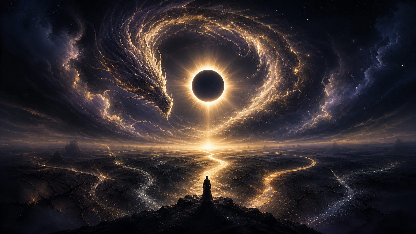 A lone figure stands before branching paths of light beneath a total solar eclipse, while a celestial dragon forms from golden clouds and stardust across the night sky.