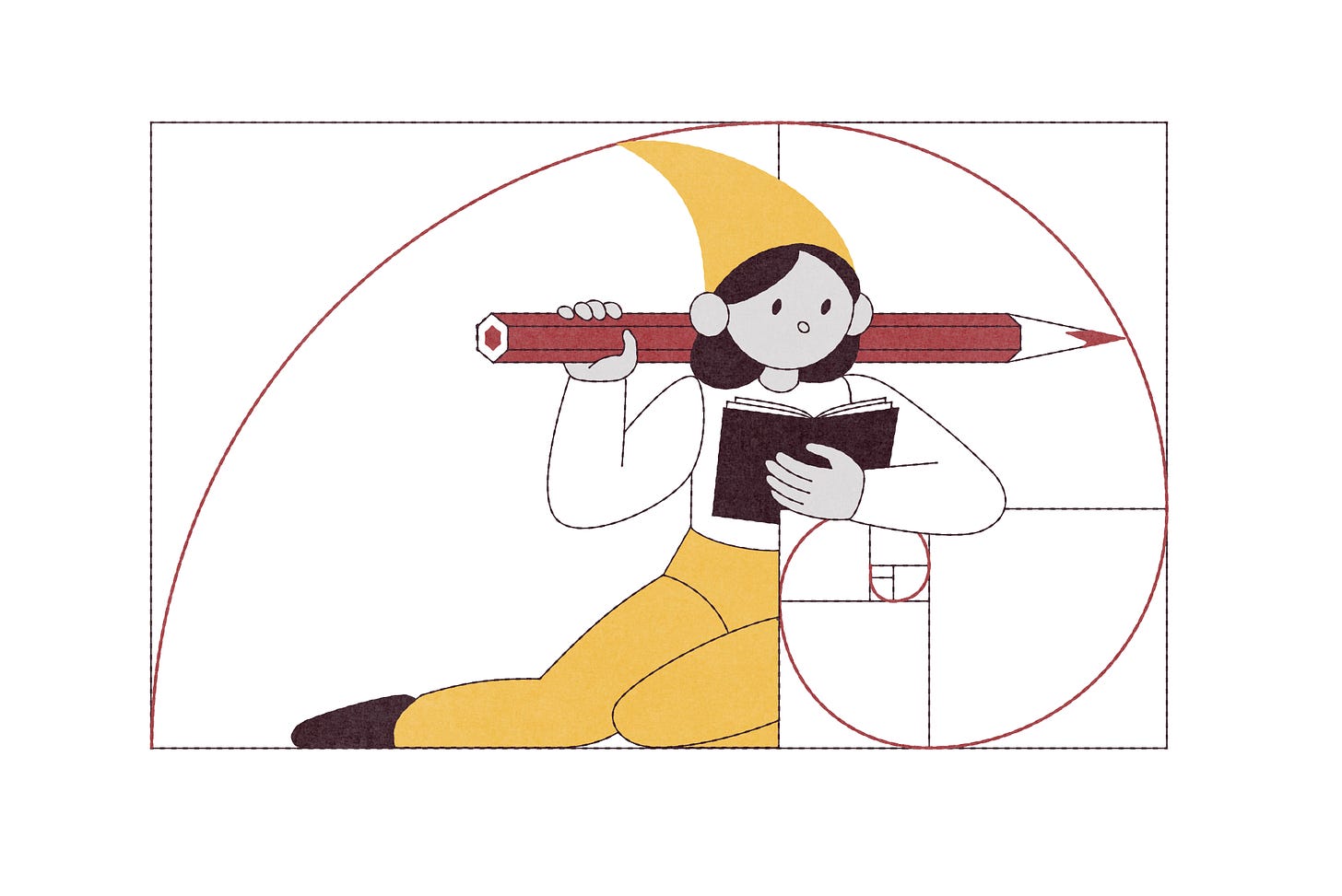 An illustration of a person wearing yellow trousers and a yellow elf hat with a large red pencil over their shoulder and reading a book, sitting inside a fibonacci pattern