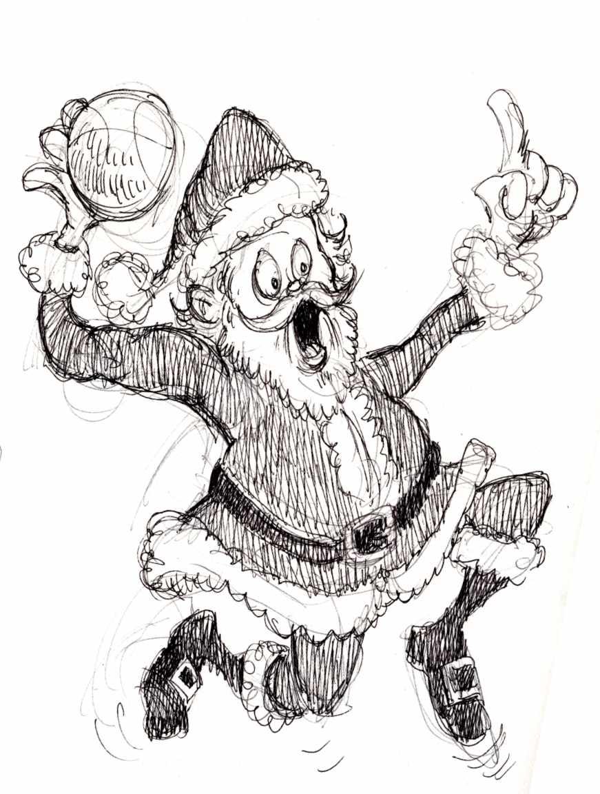 Ballpoint sketch of Santa slamming a basketball.