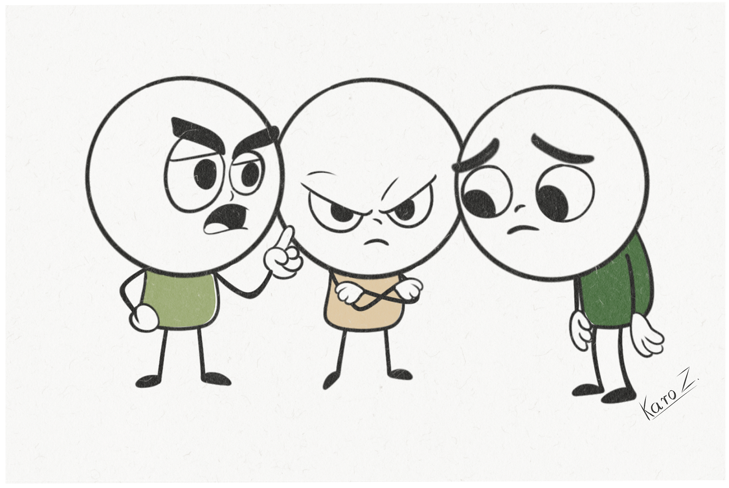 Three cartoon stick-figure characters with exaggerated heads. One is angrily pointing and scolding, another stands with arms crossed and a defiant expression, and the third appears sad and withdrawn. All characters are drawn in Karo Zieminski’s signature minimalist style with black outlines and muted green and tan tones. Three cartoon stick-figure characters with exaggerated heads. One is angrily pointing and scolding, another stands with arms crossed and a defiant expression, and the third appears sad and withdrawn. All characters are drawn in Karo Zieminski’s signature minimalist style with black outlines and muted green and tan tones.