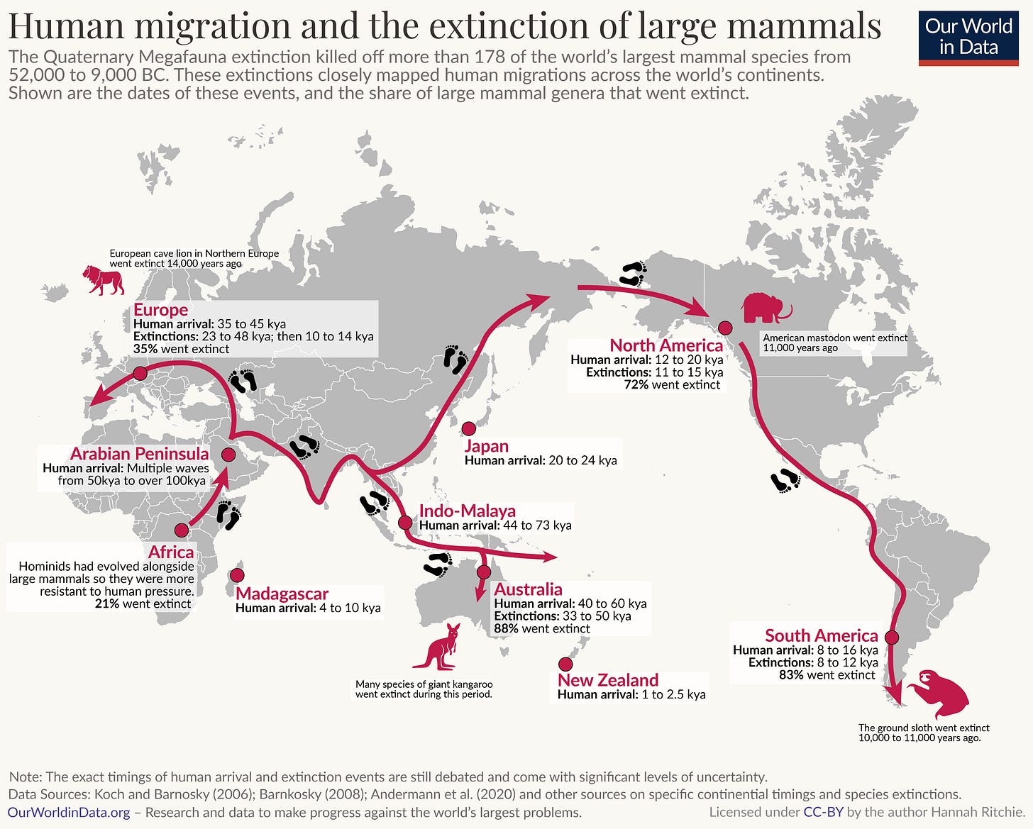 A world map illustrating human migration and the extinction of large mammals from 52,000 to 9,000 BC. Various regions are marked with key information regarding human arrival and extinction rates of large mammals. 

- Europe: Human arrival occurred 35,000 to 45,000 years ago, with 35% of large mammal species going extinct between 23,000 to 48,000 years ago.
- Arabian Peninsula: Multiple waves of human migration began 50,000 to over 100,000 years ago.
- Africa: Home to hominids that evolved alongside large mammals, with 21% extinction.
- Madagascar: Human arrival occurred 4,000 to 10,000 years ago.
- Indo-Malaya: Humans arrived 44,000 to 73,000 years ago.
- Japan: Human arrival happened 20,000 to 24,000 years ago.
- North America: Human migration occurred 12,000 to 20,000 years ago, with 72% of large mammal species going extinct.
- South America: Human arrival was between 8,000 to 16,000 years ago, with 83% extinction.
- Australia: Human presence began 40,000 to 60,000 years ago, leading to an 88% extinction rate.
- New Zealand: Humans arrived 1,000 to 2,500 years ago.

Data sources listed: Koch and Barnosky (2006), Barnosky (2008), Andermann et al. (2020)