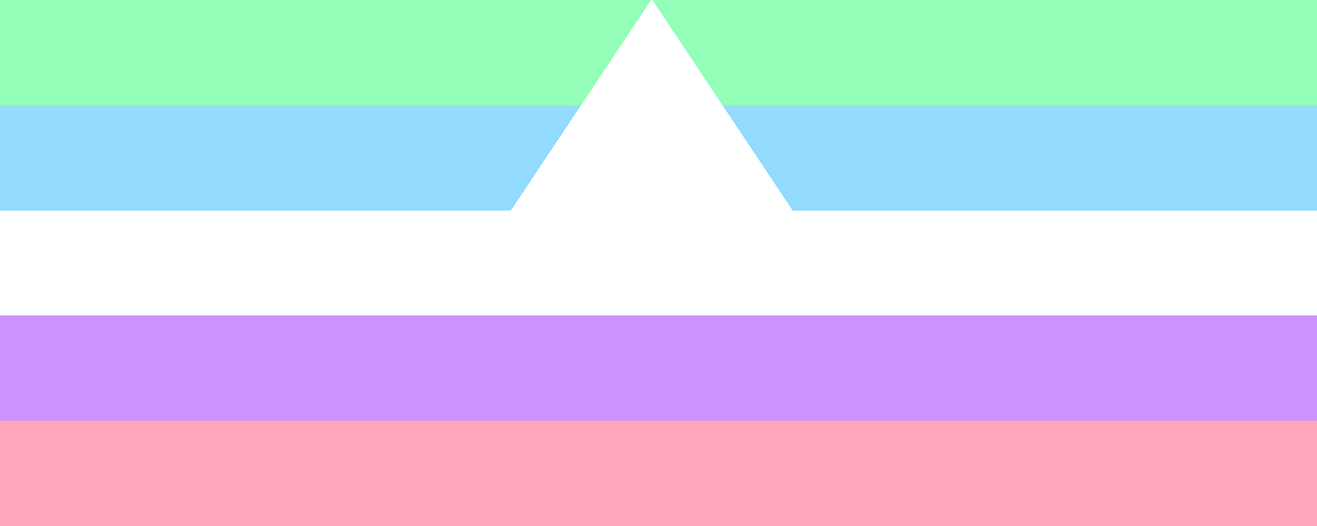 The altersex pride flag. From top to bottom, it goes mint, baby blue, white, lavender, and salmon. The white bar has a triangular, upward spike in the middle.