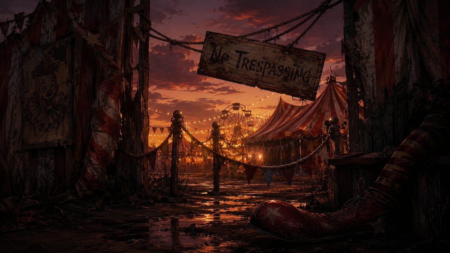 A decaying carnival entrance glows with warm lights at sunset. A weathered “No Trespassing” sign hangs above the ropes, with an oversized clown shoe lying in the foreground.