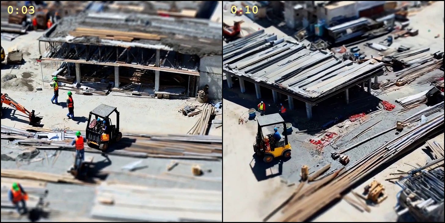 two frames of an AI-generated video of a construction site; a pile of timbers mysteriously changes height over the course of the video two frames of an AI-generated video of a construction site; a pile of timbers mysteriously changes height over the course of the video