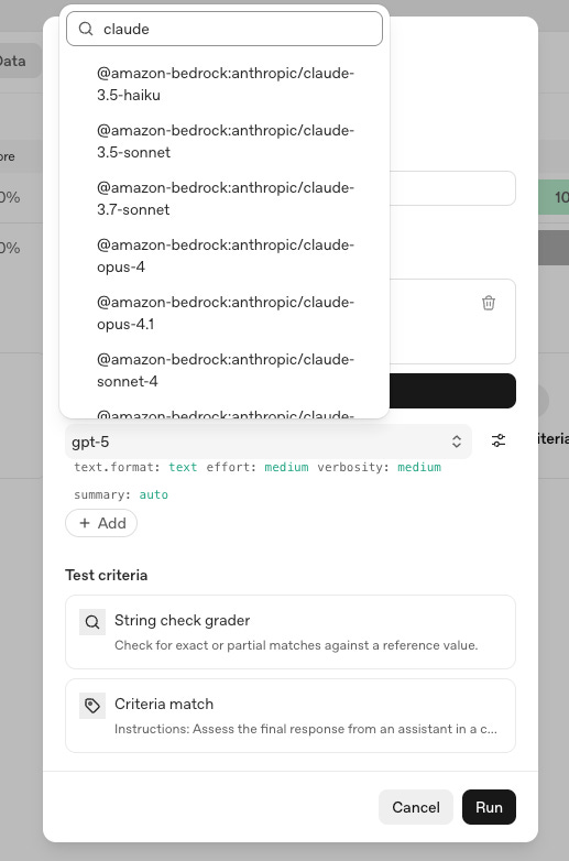 Model selector in OpenAI Dev platform for evals