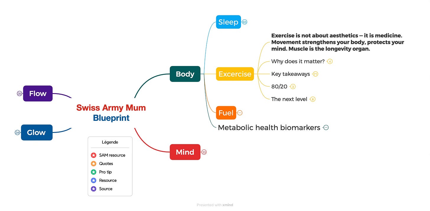 Swiss Army Mum wellness framework showing four pillars: Body, Mind, Glow, Flow