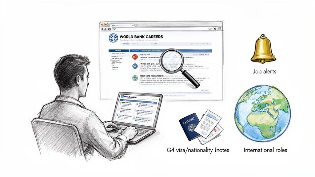 A person explores World Bank career opportunities online, with icons for job alerts, international roles, and G4 visa information. A person explores World Bank career opportunities online, with icons for job alerts, international roles, and G4 visa information.