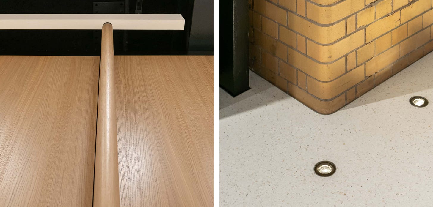 Wood Avenue details and brick column details side by side at Apple Battersea. Wood Avenue details and brick column details side by side at Apple Battersea.