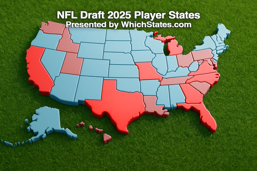 NFL Draft 2025 map of the United States resting on green football field grass, viewed from above, featuring all 50 states, highlighting birth states of players.