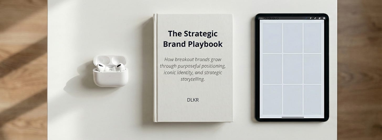 The Strategic Brand Playbook by DLKR displayed with AirPods and iPad on white desk