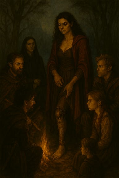 A dark fantasy image of the party gathered around a campfire. Fleetwood (reminiscent of Richard Armitage) sits with sword across his knees, firelight catching the edges of his armor. Clarion (reminiscent of Gwendoline Christie with black hair) stands tall beside him, cloak stirring in the night breeze. Felonious (reminiscent of Ben Whishaw) kneels near the flames, tracing faint runes in the dirt. Greegan (reminiscent of Matt Ryan in rogue’s leathers) lounges on a log, dice in hand, watching the others with a wary smirk. Ireena (reminiscent of Thomasin McKenzie with red hair) sits close to the fire, the spirit mirror resting beside her, its surface faintly glowing. Arabelle (reminiscent of Cailee Spaeny) perches cross‑legged, listening intently. Ezmerelda (reminiscent of Morena Baccarin) stands at the edge of the firelight, cloak swept aside, speaking to them with calm authority. The forest around them is dark and misty, with moonlight filtering through the trees.