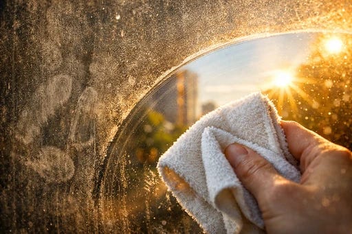 Sunlight streams through a grimy window as it is gradually wiped clean, revealing the brightness that was always there beneath the dirt.