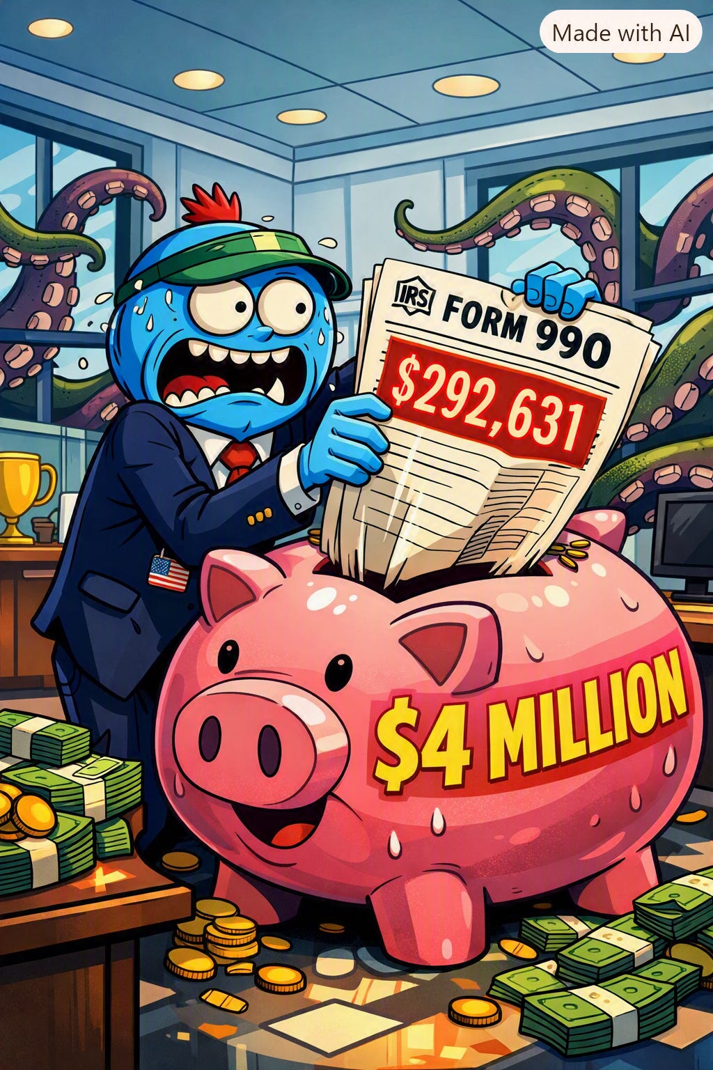 The 501(c)(3) Money Bin — Rick and Morty style satirical cartoon showing a frantic blue Meeseeks conservative operative stuffing a glowing IRS Form 990 marked $292,631 into a giant pink piggybank labeled $4 MILLION, with octopus tentacles creeping through sterile corporate windows. The 501(c)(3) Money Bin — Rick and Morty style satirical cartoon showing a frantic blue Meeseeks conservative operative stuffing a glowing IRS Form 990 marked $292,631 into a giant pink piggybank labeled $4 MILLION, with octopus tentacles creeping through sterile corporate windows.