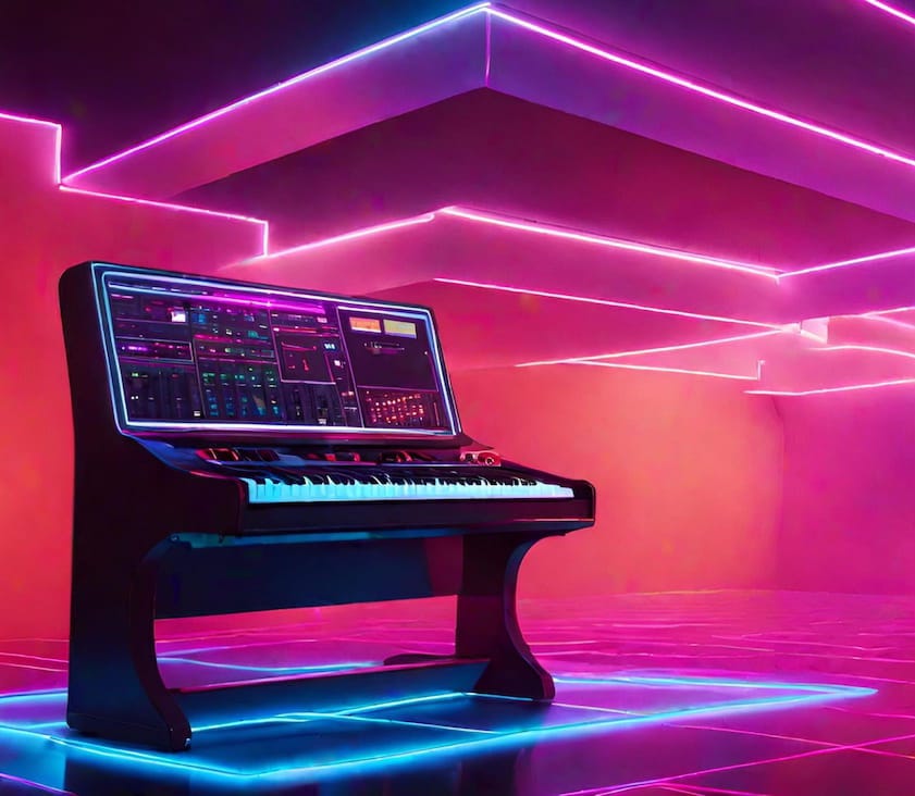 Image of synthesizer in neon lit room
