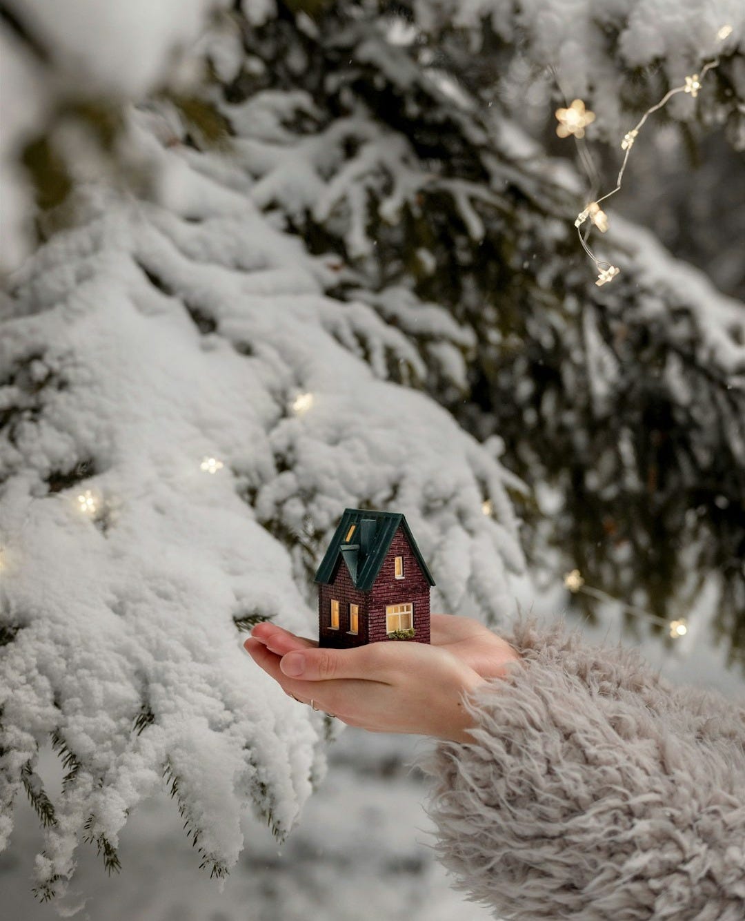 a hand holding a small cube in front of a tree covered in snow a hand holding a small cube in front of a tree covered in snow