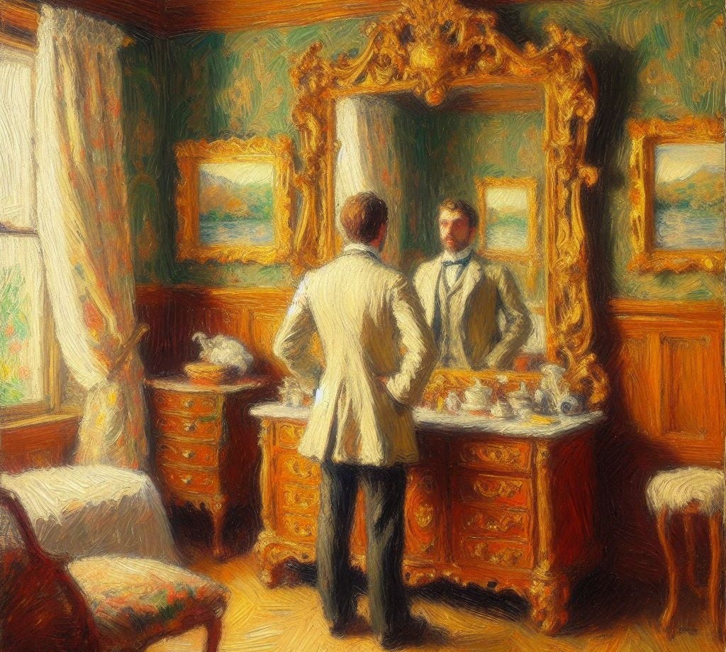 someone looking in the mirror in an impressionist oil style painting