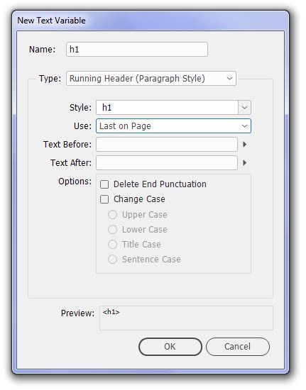 Dialog box naming the "h1' text variable, with Last on Page in the Use field