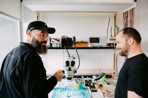 Puffco CEO Roger Volodarsky (left) in deep research and development mode. Puffco CEO Roger Volodarsky (left) in deep research and development mode.