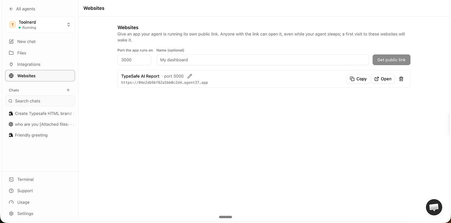 Agent37 Websites dashboard listing the TypeSafe AI Report Agent37 Websites dashboard listing the TypeSafe AI Report