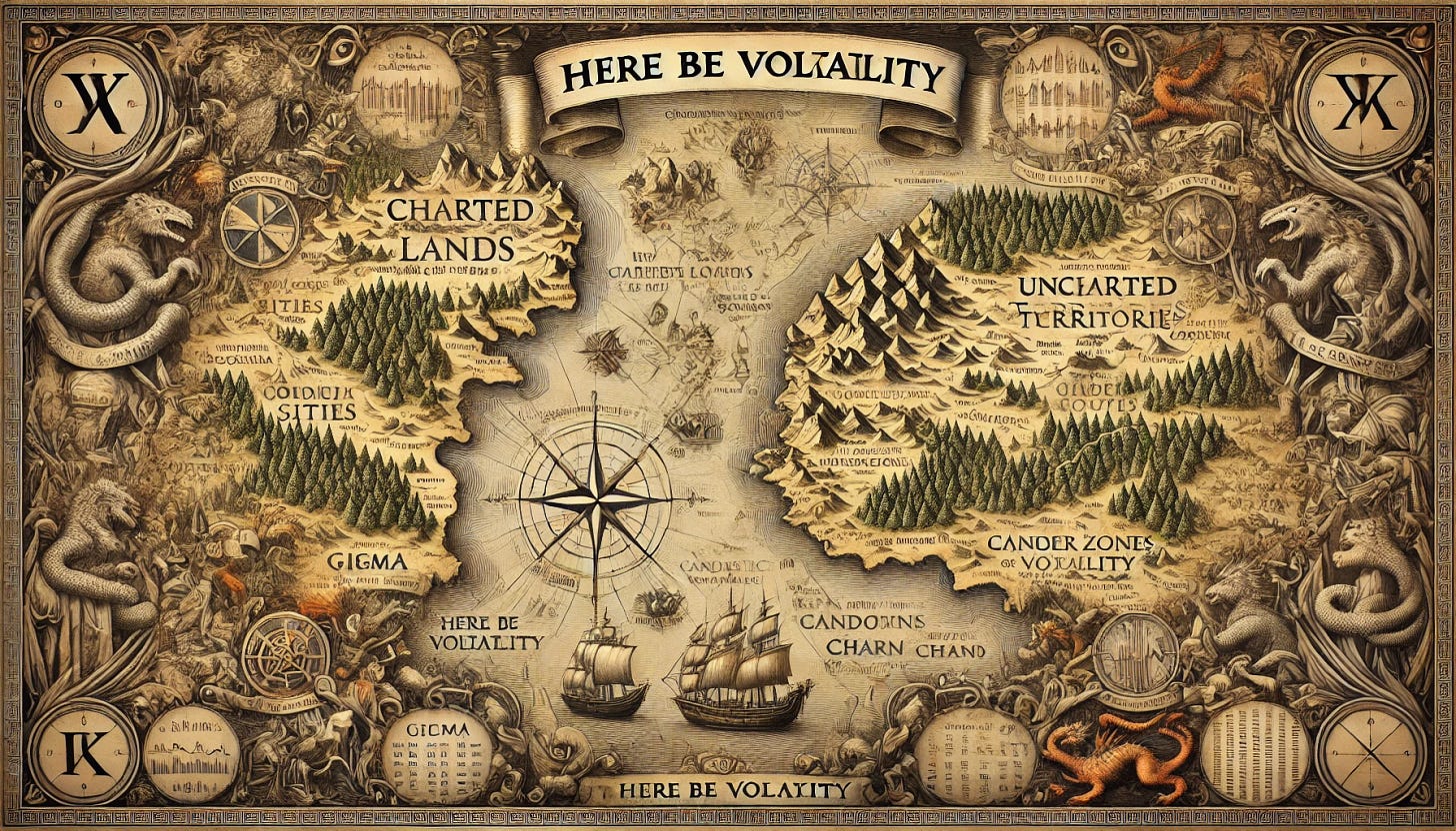 A widescreen medieval-style map from the 16th century, with aged parchment texture, showing both charted lands and uncharted territories. The charted areas contain detailed cities, old sailing ships, ornate compass roses, and labeled trade routes. The uncharted regions feature dramatic illustrations of mythical creatures such as lions and dragons, with danger zones marked by phrases like 'Here Be Volatility.' The map incorporates symbols of financial options and market volatility—Greek letters like sigma and delta, candlestick chart motifs hidden in forest patterns, and scrolls depicting options chains. The artwork is in detailed old-world cartography style with intricate borders and medieval calligraphy.