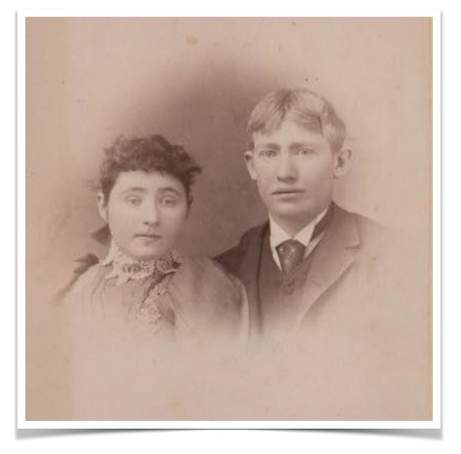 Sepia-toned photo circa 1883 of a young couple named Catherine Geehan and Timothy Corcoran.