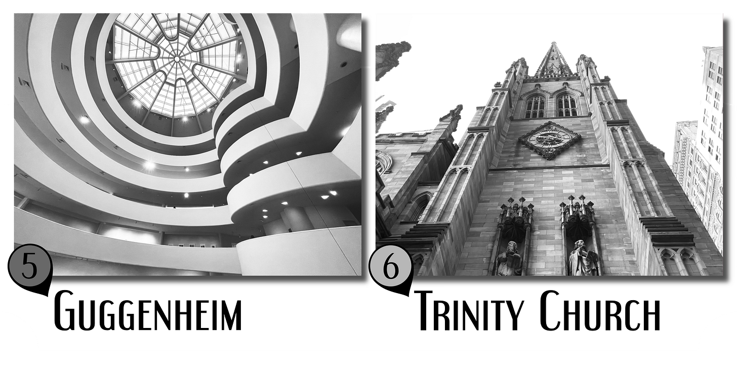 Two black-and-white photos. Left: the spiral ramp and glass ceiling of the Guggenheim. Right: a towering view of Trinity Church’s gothic stone facade, framed by city buildings.