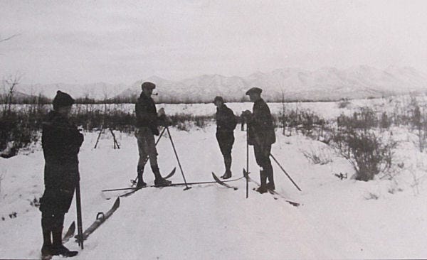 Early Anchorage, Alaska pioneers cross country skiing in 1925. Early Anchorage, Alaska pioneers cross country skiing in 1925.