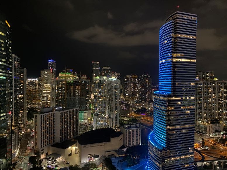 View from the Centro Condo building looking south on September 17, 2024. The Miami Tower is the building lit up in blue lights on the right View from the Centro Condo building looking south on September 17, 2024. The Miami Tower is the building lit up in blue lights on the right
