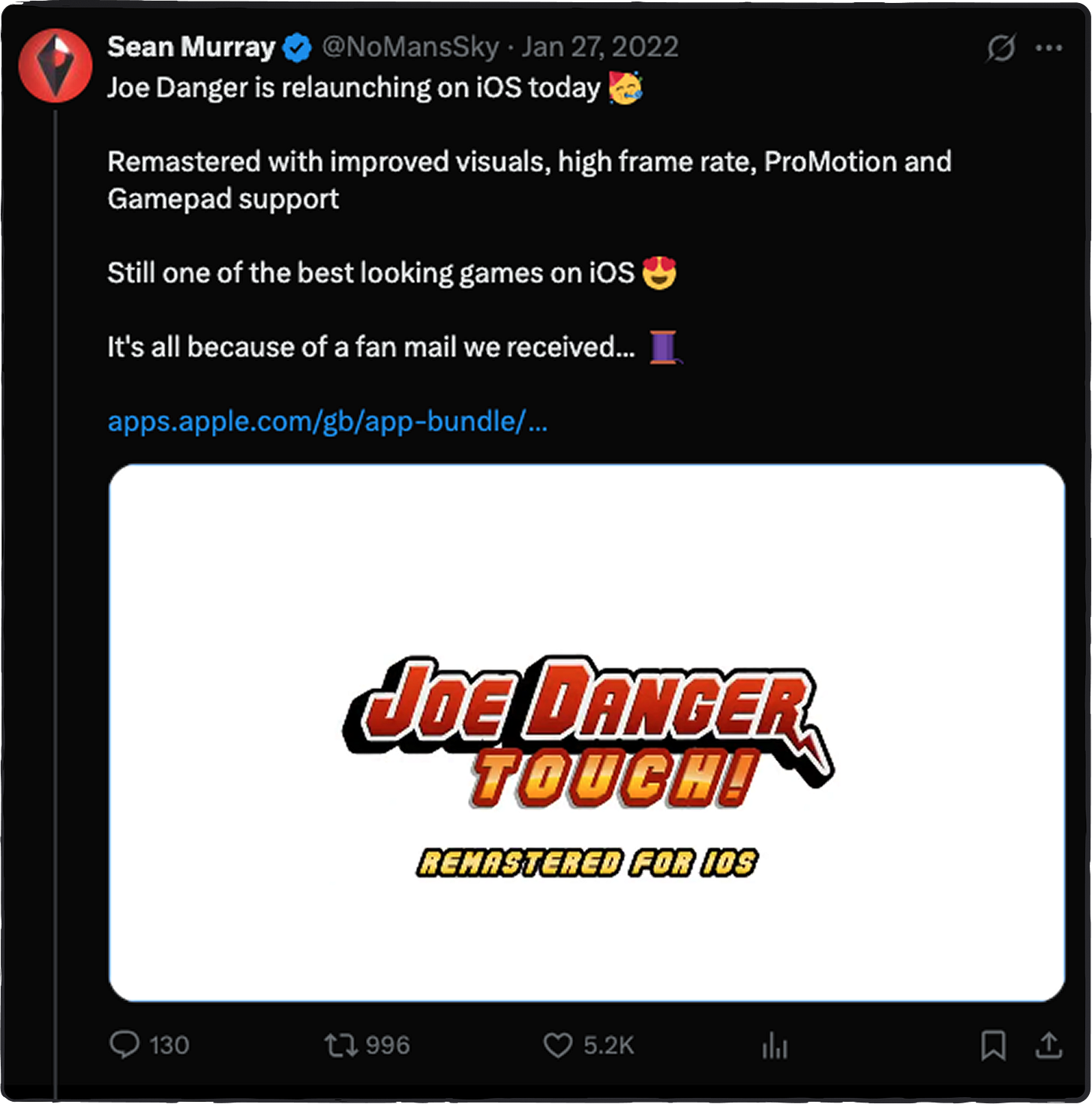 A screenshot from X (Twitter) of a post from Sean Murray of Hello Games, announcing the release of Joe Danger Remastered for iOS.