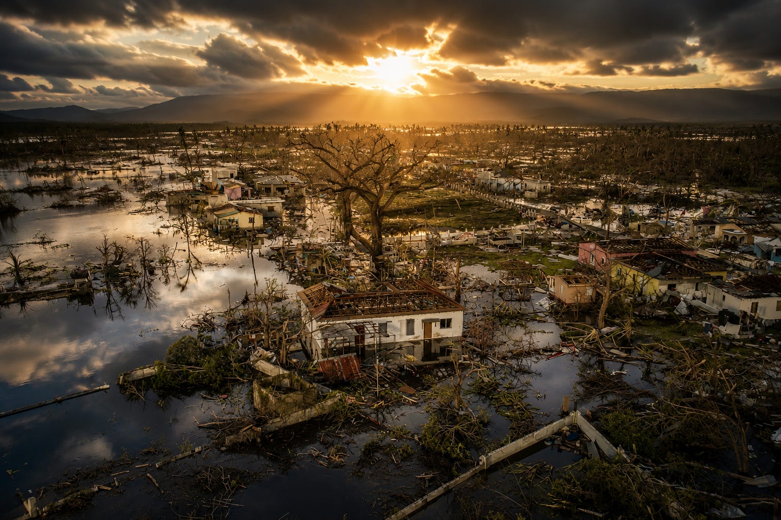 Enhanced aerial image showing widespread hurricane destruction across a flooded community, with damaged homes, uprooted trees, submerged land, and dramatic storm light breaking through heavy clouds. The image has been digitally enhanced to emphasise the scale, emotional weight, and raw power of nature following Hurricane Melissa in Jamaica.