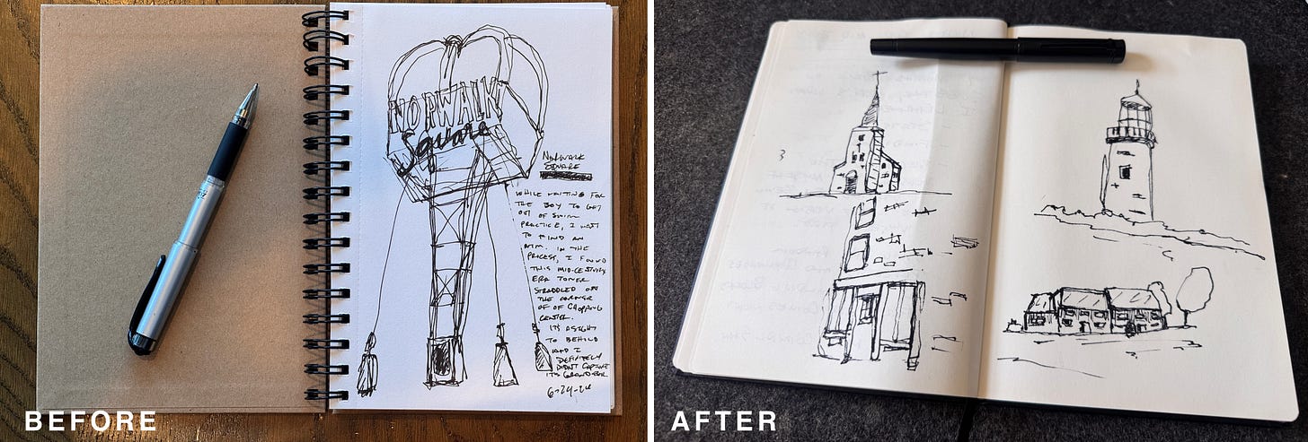 side by side images of two sketchbooks, one from late june, and another from mid-july side by side images of two sketchbooks, one from late june, and another from mid-july