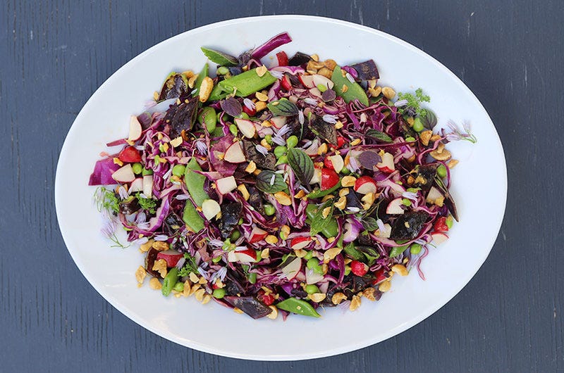 Gingery Red Cabbage and Pea Slaw with Cilantro, Lime and Peanuts, Cook the Vineyard