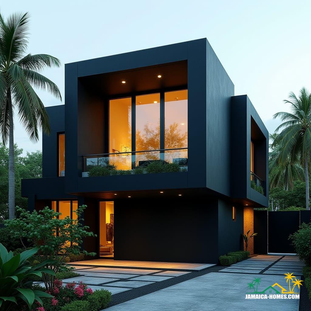 A striking modern black Caribbean cottage in Jamaica, nestled near the beach. The architecture features bold, square, solid lines, with cubic forms stacked in a contemporary Gothic-inspired style. Large, protruding window boxes are framed in matte black steel and concrete. Oversized square windows jut outward, offering views of the turquoise sea and lush tropical greenery. Warm golden interior lighting glows through the solid glass, contrasting with the deep black exterior. The landscape includes tropical palms, flowering plants, and a sleek stone driveway leading to a modern black gate. Cinematic film still, shot on v-raptor XL, film grain, vignette, color graded, post-processed, cinematic lighting, 35mm film, live-action, best quality, atmospheric, masterpiece, epic, stunning, dramatic.