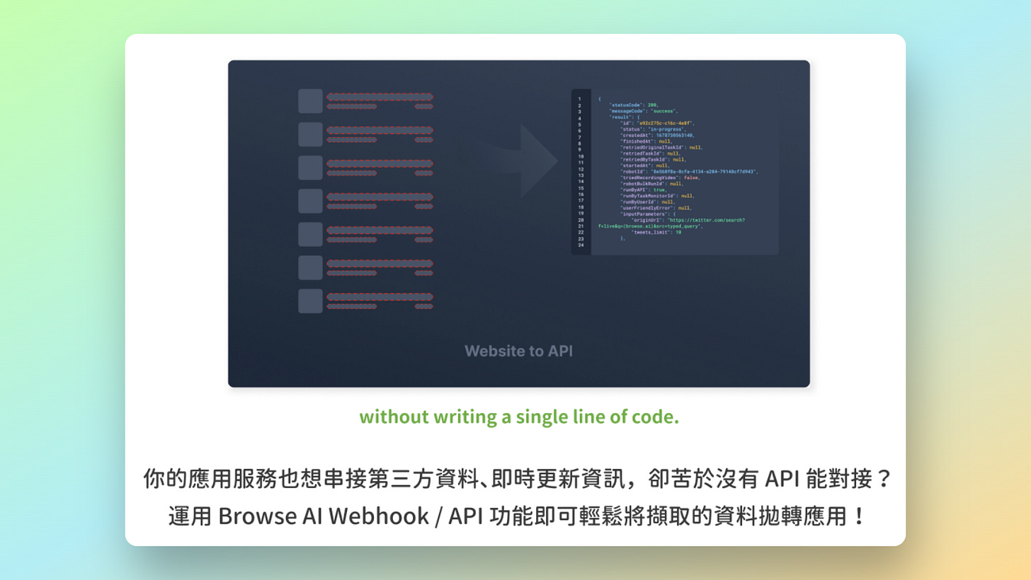 Browse AI 將資料轉為 API 格式示意