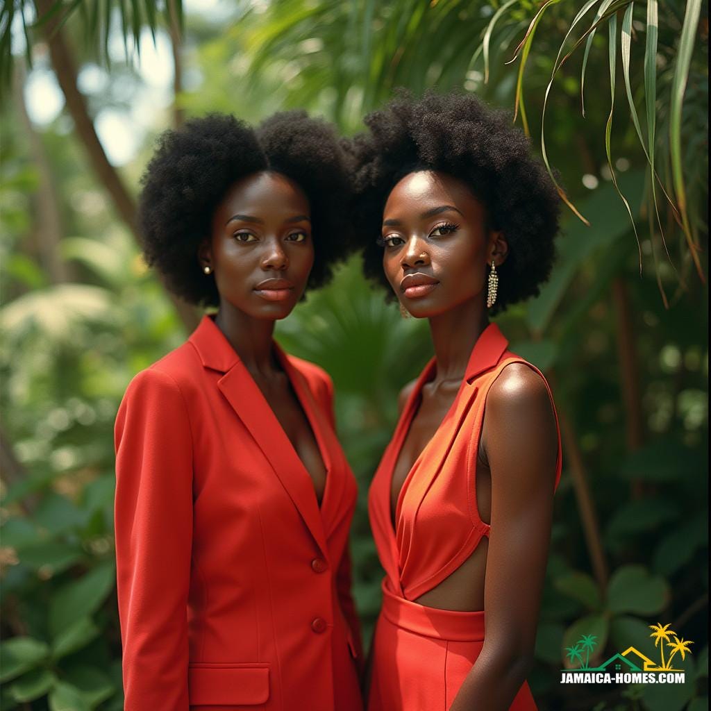 Regal black models dressed in stylish, modest real estate agent attire, posing in a vibrant Jamaican Caribbean setting, exuding confidence and poise.