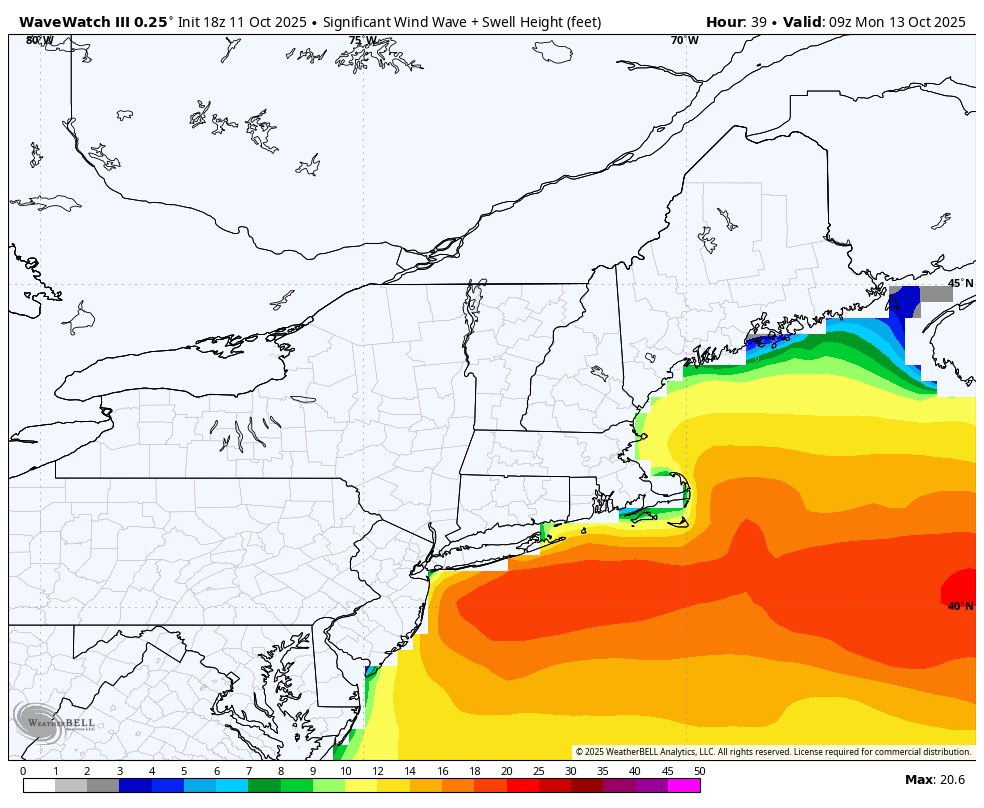 May be a graphic of ‎map and ‎text that says '‎WaveWatch II 0.25° Init 8z Z11 1 Oct 2025 Significant Wind Wave 中野五 Swell Height (feet) Hour. 39 70W Valid: 09z Mon Oct 2025 موود ) WEATBELL BELL 3 4 5 5 6 7 8 9 10 12 14 16 18 20 25 2025 WeatherBELL Analytics.Ll LC nights reserved. 30 45 90 License requared commercial distribution. Max: 20.6‎'‎‎
