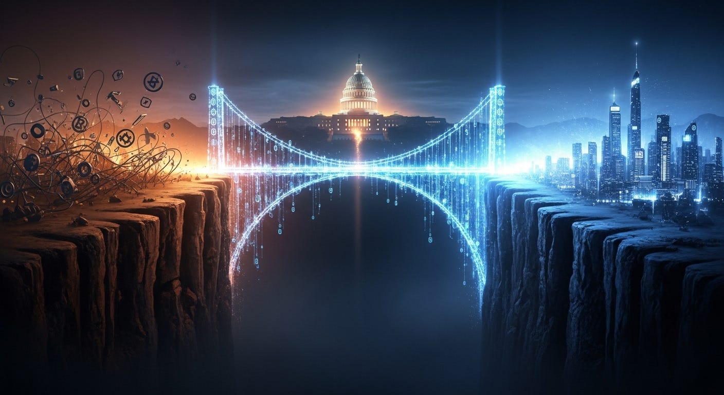 A glowing digital bridge connects a chaotic, rocky landscape to a modern city skyline, with the U.S. Capitol building visible in the background.