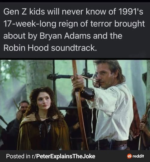 Može biti slika sljedećeg: 3 ljudi i tekst "Gen z kids will never know of 1991's 17-week-long reign of terror brought about by Bryan Adams and the Robin Hood soundtrack. Posted inr/PeterExplainsTheJoke in r/PeterE reddit"