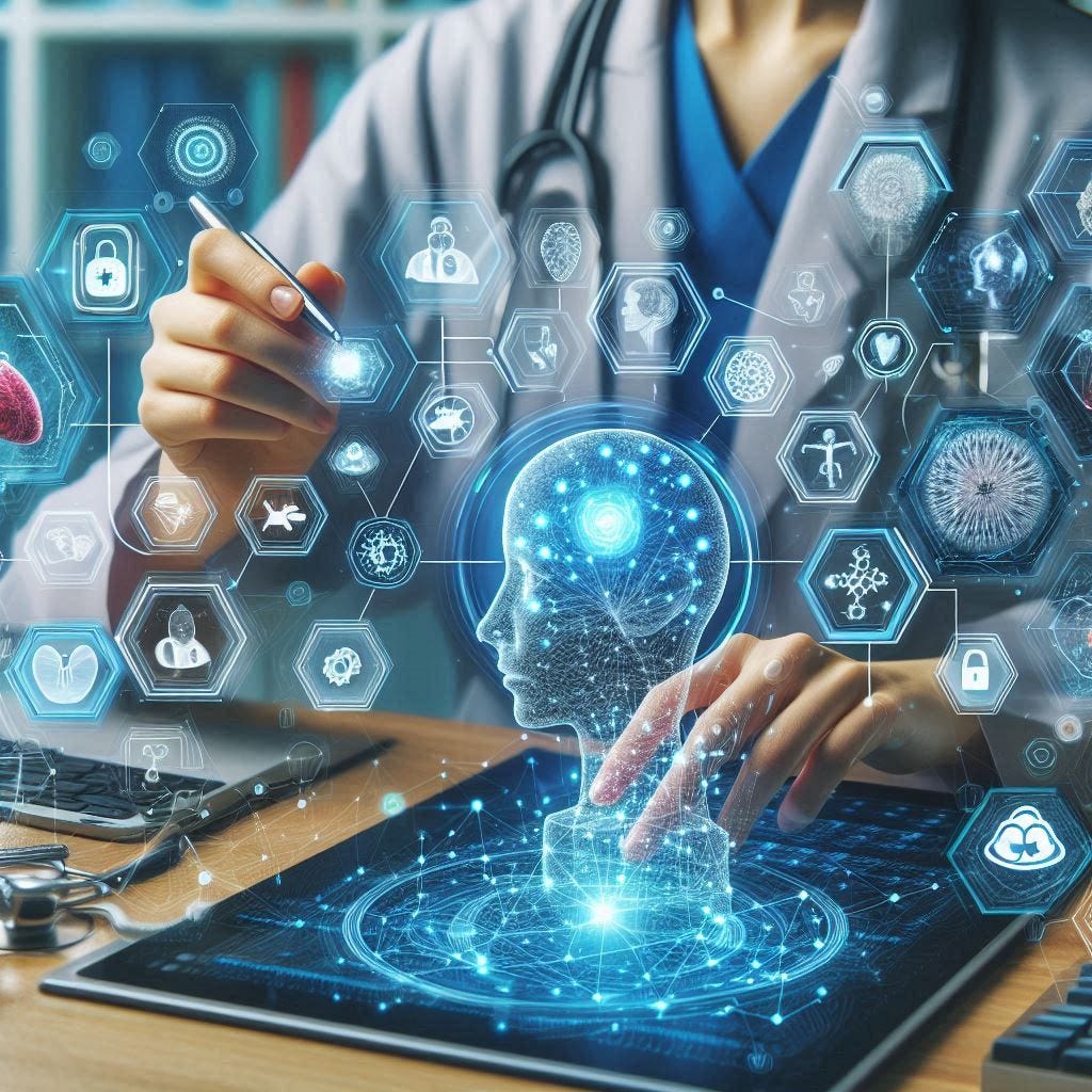  interação entre educação médica e IA generativa, combinando elementos como redes neurais, símbolos médicos e um ambiente de aprendizagem tecnológico.