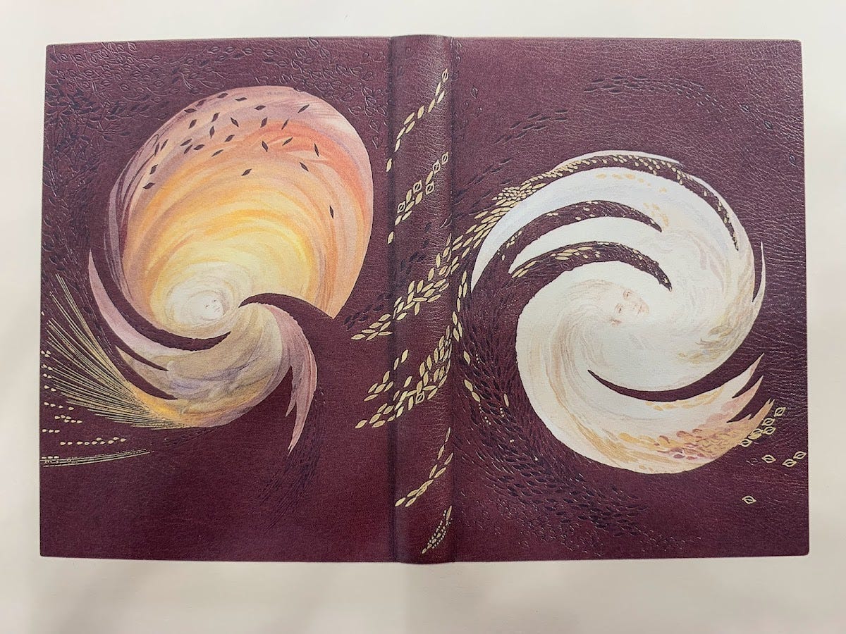 maroon leather with two recessed watercolor panels: one in pinks and oranges, the other in whites, both resembling the spiraling milky way galaxy and decorated with feathers and leaves maroon leather with two recessed watercolor panels: one in pinks and oranges, the other in whites, both resembling the spiraling milky way galaxy and decorated with feathers and leaves