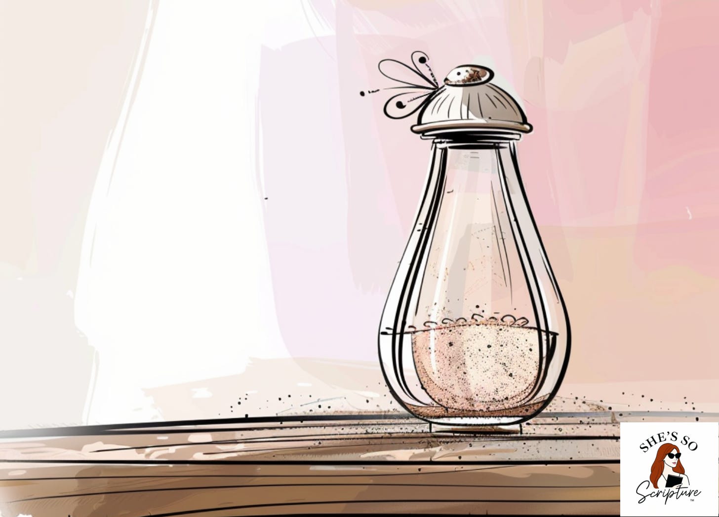 Whimsical fashion illustration style, a vintage ceramic salt shaker sitting on a worn wooden table, soft morning light, blush pink and cream watercolor background, sketchy ink outlines, warm peach and soft gray tones Whimsical fashion illustration style, a vintage ceramic salt shaker sitting on a worn wooden table, soft morning light, blush pink and cream watercolor background, sketchy ink outlines, warm peach and soft gray tones