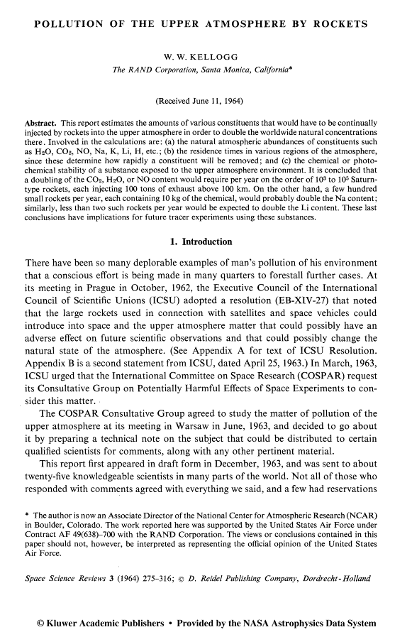 Pollution of the Upper Atmosphere by Rockets - W. W. Kellogg - RAND Corporation - June 11, 1964