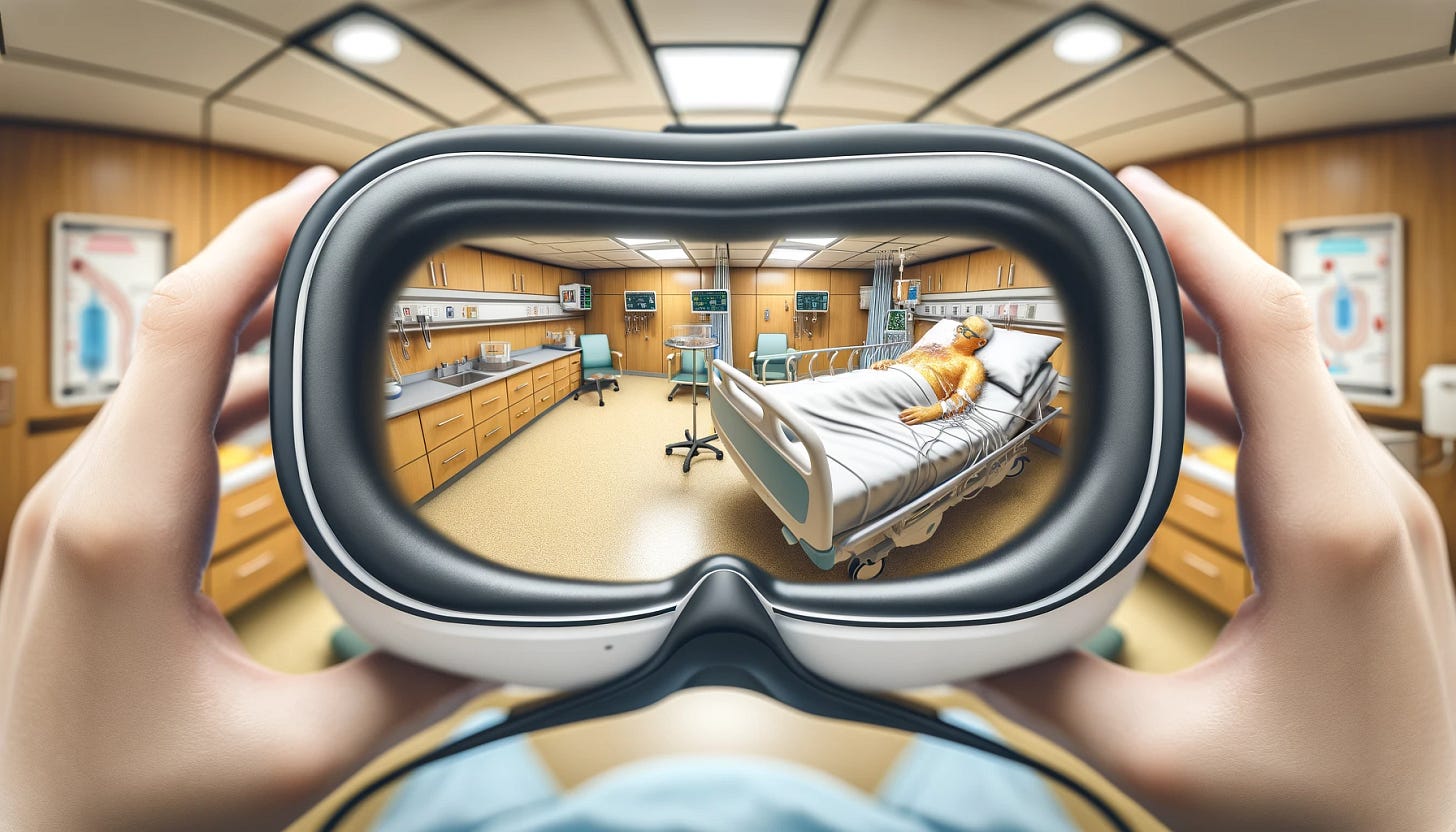 A highly zoomed-out perspective of a hospital room, simulating the viewpoint of someone observing through VR goggles. The patient lies on a hospital bed, displaying signs of jaundice with yellowing skin and eyes, within a spacious and well-equipped medical setting. This unique viewpoint includes the edges of the VR goggles in the frame, creating a sense of immersion and technological observation. The setting is designed to convey a broad view of the patient's environment, emphasizing the modern and supportive care being provided, with a focus on realism and respect for the patient's condition.